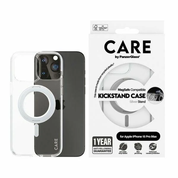 Panzer Glass CARE by PanzerGlass Kickstand MagSafe Apple iPhone 15 Pro Max - dėklas telefonui sidabro spalvos aprašymas - Prekės nuotrauka Panzer Glass CARE by PanzerGlass Kickstand MagSafe Apple iPhone 15 Pro Max - dėklas telefonui sidabro spalvos aprašymas - Prekės nuotrauka