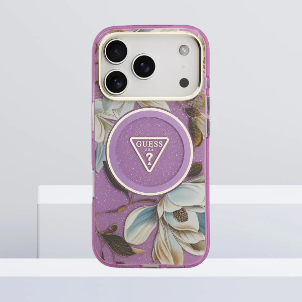 Dėklas Case Guess IML Glitter Flowers Triangle MagSafe for Apple iPhone 17 Pro Max violetinė aprašymas - Prekės nuotrauka Dėklas Case Guess IML Glitter Flowers Triangle MagSafe for Apple iPhone 17 Pro Max violetinė aprašymas - Prekės nuotrauka