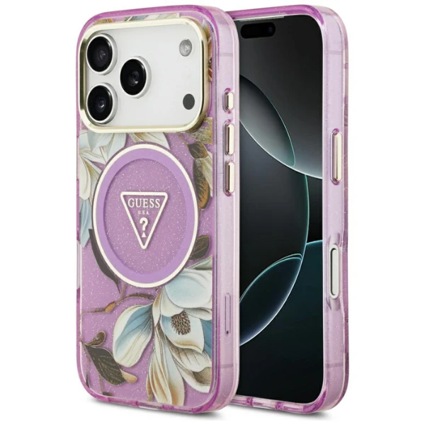 Dėklas Case Guess IML Glitter Flowers Triangle MagSafe for Apple iPhone 17 Pro Max violetinė aprašymas - Prekės nuotrauka Dėklas Case Guess IML Glitter Flowers Triangle MagSafe for Apple iPhone 17 Pro Max violetinė aprašymas - Prekės nuotrauka