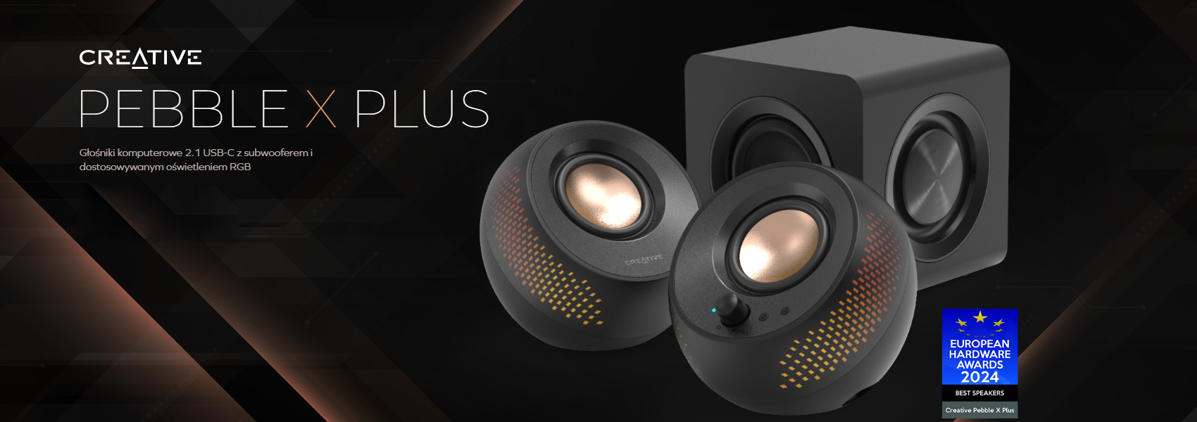 Kompiuterio kolonėlės Creative Pebble X Plus, 2.1, subwooferis, USB-C, Bluetooth 5.3, RGB, 15W RMS (iki 30W su PD), juodos aprašymas - Prekės nuotrauka