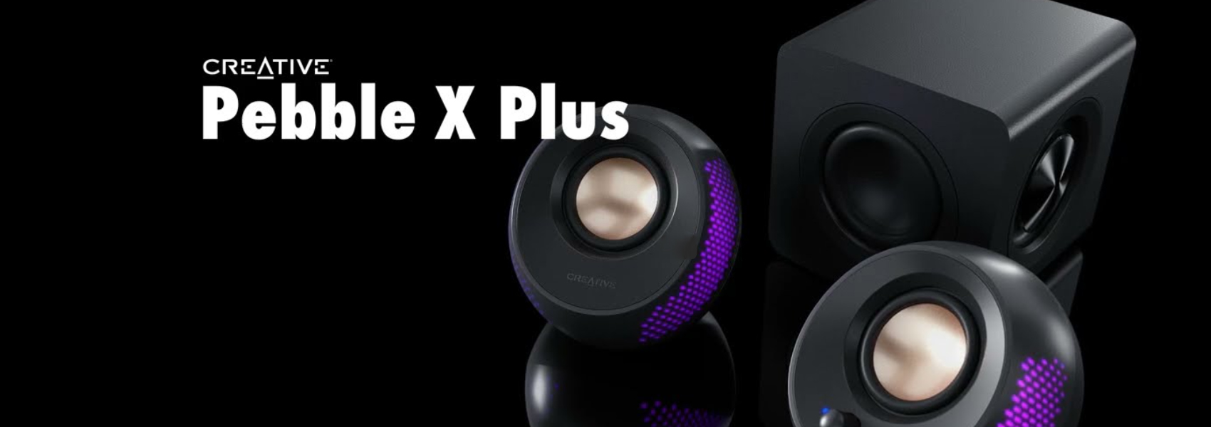 Kompiuterio kolonėlės Creative Pebble X Plus, 2.1, subwooferis, USB-C, Bluetooth 5.3, RGB, 15W RMS (iki 30W su PD), juodos aprašymas - Prekės nuotrauka
