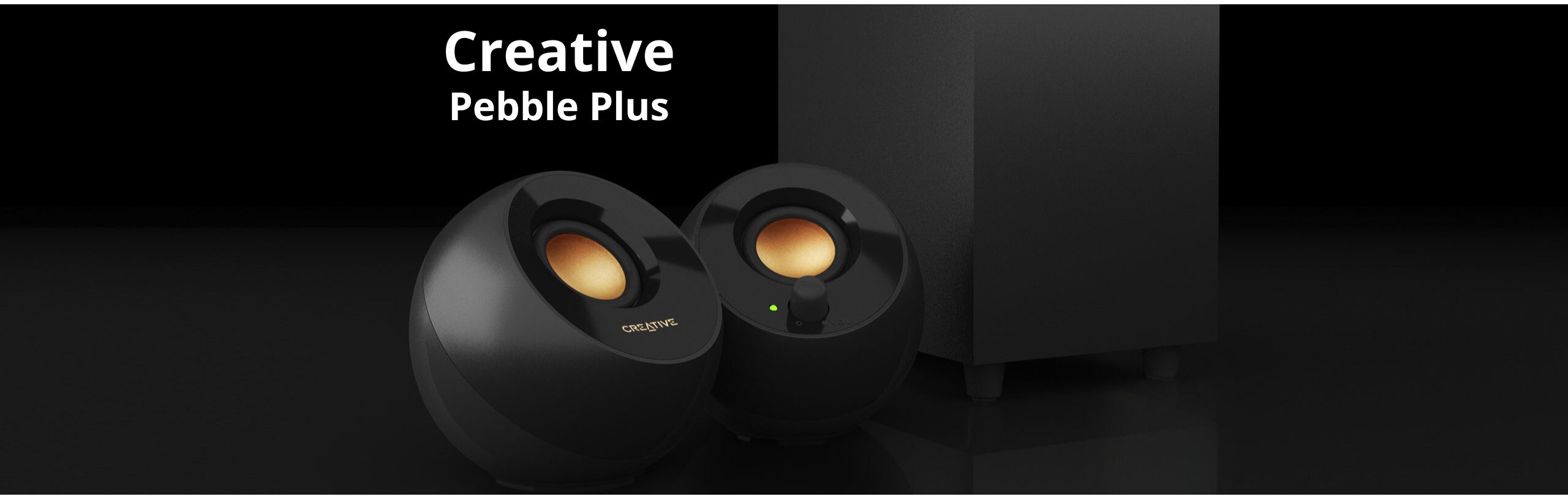 Kompiuterio kolonėlės Creative 2.1 stalinis garsiakalbių komplektas Pebble Plus su žemų dažnių garsiakalbiu, juodas aprašymas - Prekės nuotrauka