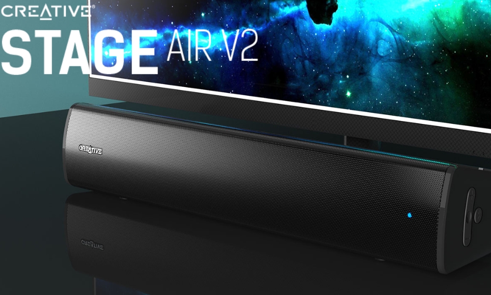 Namų kino sistema Creative Soundbar po monitoriumi Stage Air V2 juodos spalvos Bluetooth 5.3 aprašymas - Prekės nuotrauka