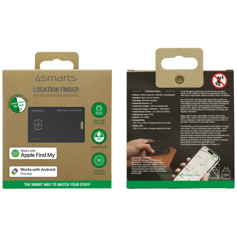 Daiktų ieškiklis 4smarts SkyTag Card Duos ReCharge juodos spalvos aprašymas - Prekės nuotrauka