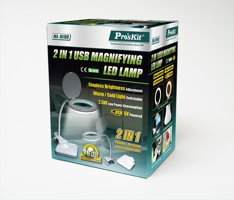 Proskit Darbo šviestuvas maitinamas USB, didinimas 3 dioptrijos, SMD LED 2.5W, Pro’sKit aprašymas - Prekės nuotrauka
