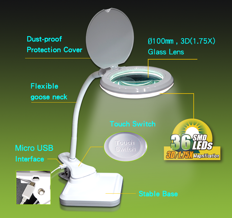 Proskit Darbo šviestuvas maitinamas USB, didinimas 3 dioptrijos, SMD LED 2.5W, Pro’sKit aprašymas - Prekės nuotrauka