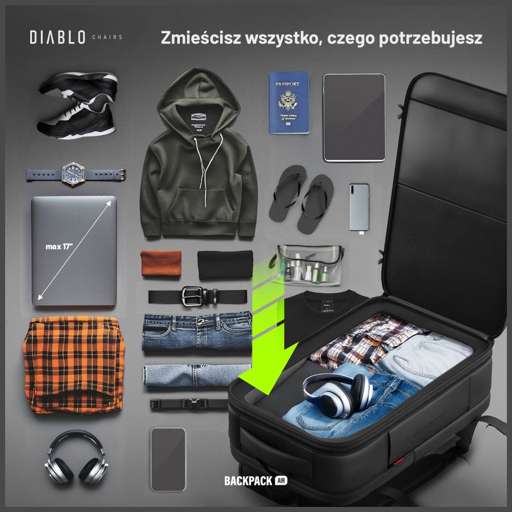 Daugiafunkcinė Diablo Chairs Backpack Air kuprinė, juodos spalvos aprašymas - Prekės nuotrauka