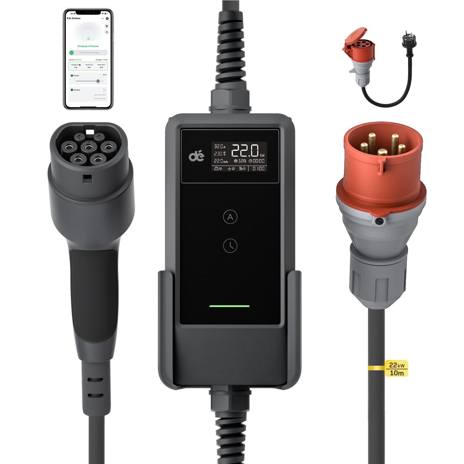 dé 22kW Portable Charger with 10m Cable (APP VERSION) aprašymas - Prekės nuotrauka