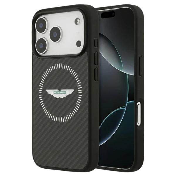 Dėklas Aston Martin HC Kevlar Counter Design MagSafe skirtas Apple iPhone 17 Pro juodos spalvos aprašymas - Prekės nuotrauka