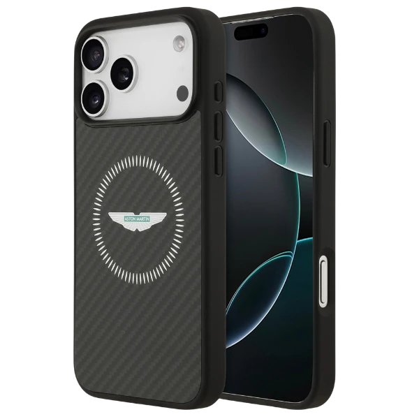 Dėklas Aston Martin HC Kevlar Counter Design MagSafe skirtas Apple iPhone 17 Pro Max juodos spalvos aprašymas - Prekės nuotrauka