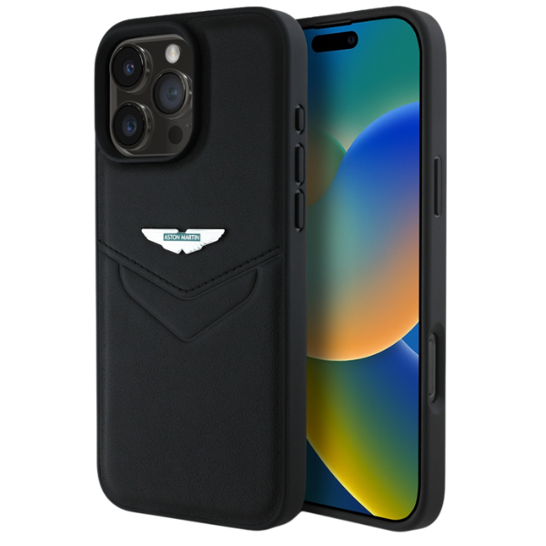Aston Martin HC Leather Victory Design dėklas, skirtas iPhone 16 Pro, juodos spalvos aprašymas - Prekės nuotrauka