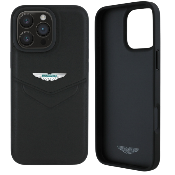 Aston Martin HC Leather Victory Design dėklas, skirtas iPhone 16 Pro, juodos spalvos aprašymas - Prekės nuotrauka