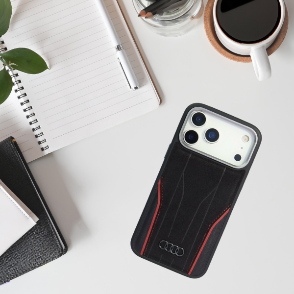 Dėklas Audi R8 Genuine Leather MagSafe Apple iPhone 17 Pro juodos spalvos-red aprašymas - Prekės nuotrauka Dėklas Audi R8 Genuine Leather MagSafe Apple iPhone 17 Pro juodos spalvos-red aprašymas - Prekės nuotrauka