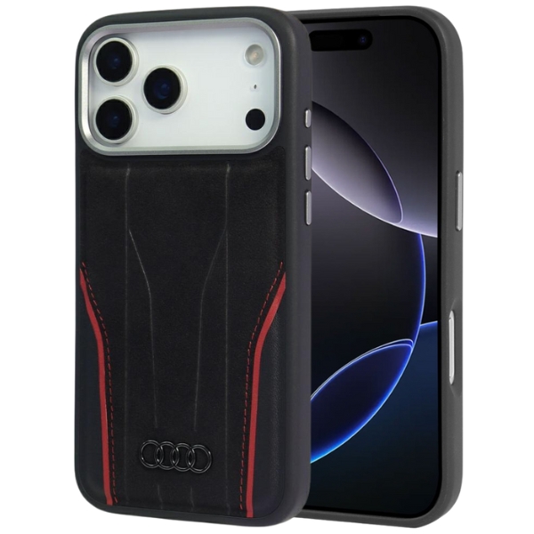 Dėklas Audi R8 Genuine Leather MagSafe iPhone 17 Pro Max juodos spalvos-red aprašymas - Prekės nuotrauka