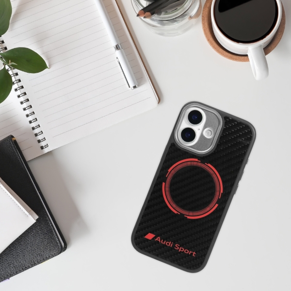 Dėklas Audi RSQ Carbon Fiber Sport Raudona Circle MagSafe skirtas Apple iPhone 17 juodos spalvos aprašymas - Prekės nuotrauka