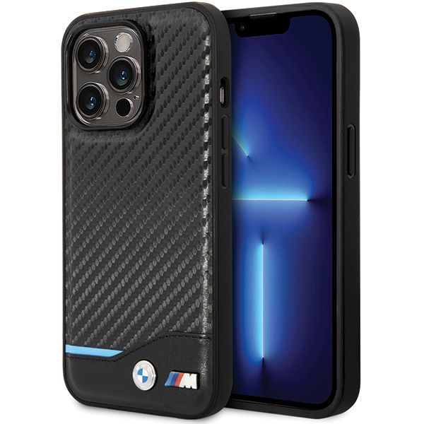 Dėklas BMW BMHCP13X22NBCK Apple iPhone 13 Pro Max 6.7″ juodos spalvos kietas dėklas Leather Carbon aprašymas - Prekės nuotrauka