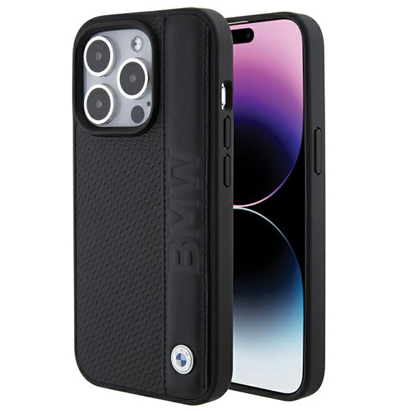 Dėklas BMW BMHCP15L22RDPK Apple iPhone 15 Pro 6.1″ juodos spalvos kietas dėklas Leather Textured & Stripe aprašymas - Prekės nuotrauka