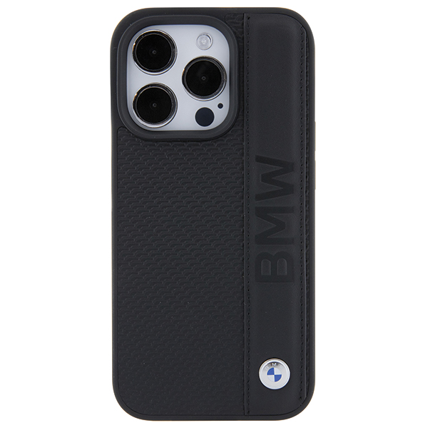 Dėklas BMW BMHCP15L22RDPK Apple iPhone 15 Pro 6.1″ juodos spalvos kietas dėklas Leather Textured & Stripe aprašymas - Prekės nuotrauka