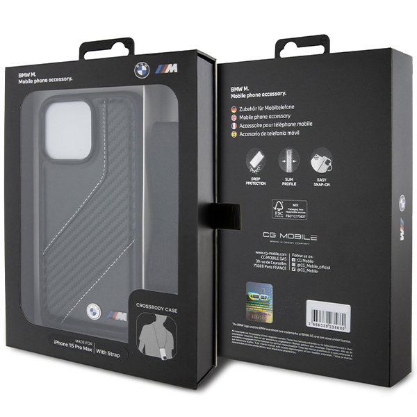 Dėklas BMW BMHCP15L23PSCCK Apple iPhone 15 Pro 6.1″ juodos spalvos hardcase M Edition Carbon Stripe & Strap aprašymas - Prekės nuotrauka