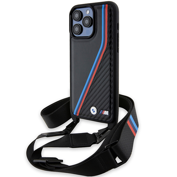 Dėklas BMW BMHCP15L23PSVTK Apple iPhone 15 Pro 6.1″ juodos spalvos hardcase M Edition Carbon Tricolor Lines & Strap aprašymas - Prekės nuotrauka