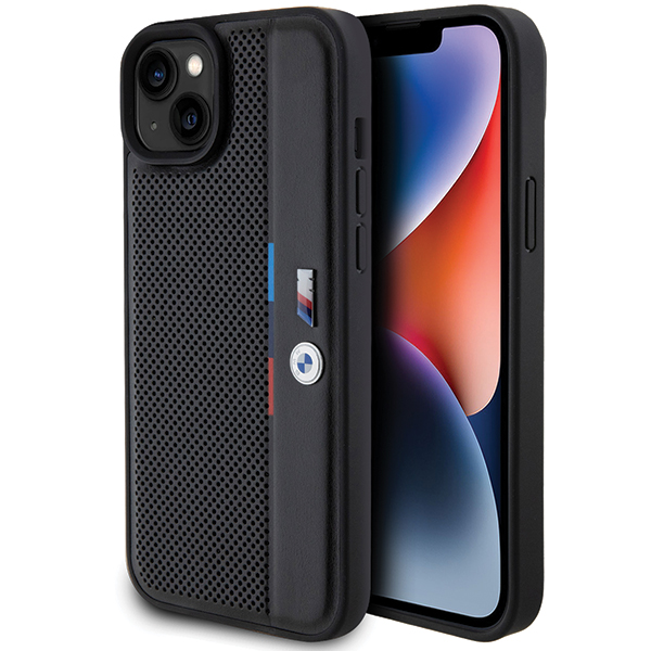 Dėklas BMW BMHCP15M23 PUPVK Apple iPhone 15 Plus 14 Plus 6.7″ juodos spalvos kietas dėklas Perforated Tricolor Line aprašymas - Prekės nuotrauka