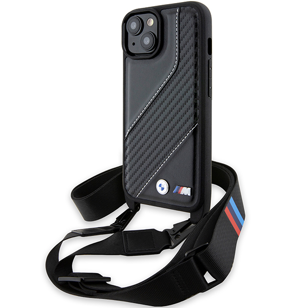 Dėklas BMW BMHCP15S23PSCCK iPhone 15 / 14 / 13 6.1″ juodos spalvos kietas dėklas M Edition Carbon Stripe & Strap aprašymas - Prekės nuotrauka