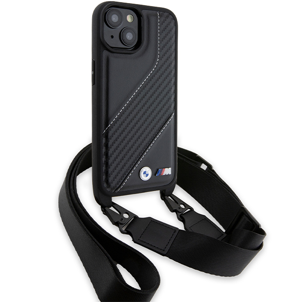Dėklas BMW BMHCP15S23PSCCK iPhone 15 / 14 / 13 6.1″ juodos spalvos kietas dėklas M Edition Carbon Stripe & Strap aprašymas - Prekės nuotrauka