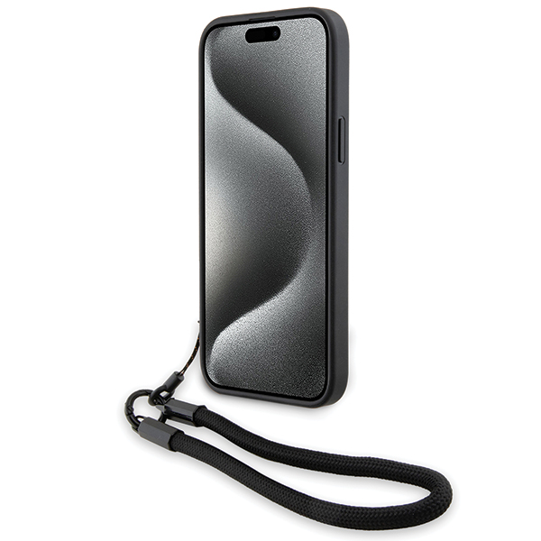 Dėklas BMW BMHCP15S23RMRLK Apple iPhone 15 14 13 6.1″ juodos spalvos kietas dėklas Signature Leather Wordmark Cord aprašymas - Prekės nuotrauka