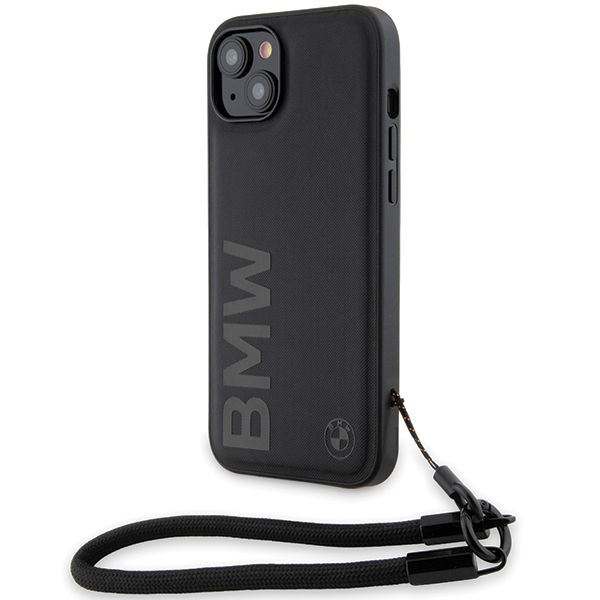 Dėklas BMW BMHCP15S23RMRLK Apple iPhone 15 14 13 6.1″ juodos spalvos kietas dėklas Signature Leather Wordmark Cord aprašymas - Prekės nuotrauka