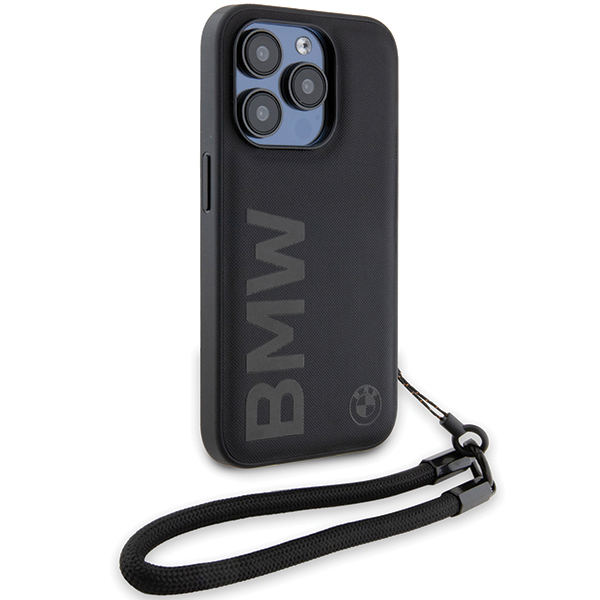 Dėklas BMW BMHCP15X23RMRLK Apple iPhone 15 Pro Max 6.7″ juodos spalvos kietas dėklas Signature Leather Wordmark Cord aprašymas - Prekės nuotrauka