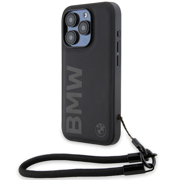 Dėklas BMW BMHCP15X23RMRLK Apple iPhone 15 Pro Max 6.7″ juodos spalvos kietas dėklas Signature Leather Wordmark Cord aprašymas - Prekės nuotrauka