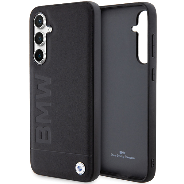 Originalus priekinio skydelio dėklas BMW BMHCS23FESLLBK, skirtas Samsung S23 FE (Leather Hot Stamp / juodas) aprašymas - Prekės nuotrauka