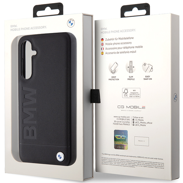 Originalus priekinio skydelio dėklas BMW BMHCS23FESLLBK, skirtas Samsung S23 FE (Leather Hot Stamp / juodas) aprašymas - Prekės nuotrauka