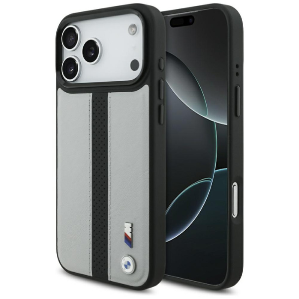 Dėklas BMW M Perforated Stripe Logo MagSafe iPhone 17 Pro Max pilkas aprašymas - Prekės nuotrauka