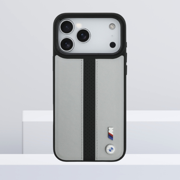 Dėklas BMW M Perforated Stripe Logo MagSafe iPhone 17 Pro Max pilkas aprašymas - Prekės nuotrauka
