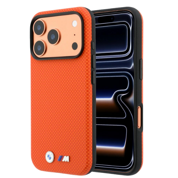 Dėklas BMW M Quadrille Kevlar Metal Logo MagSafe skirtas iPhone 18 Pro Max oranžinis aprašymas - Prekės nuotrauka