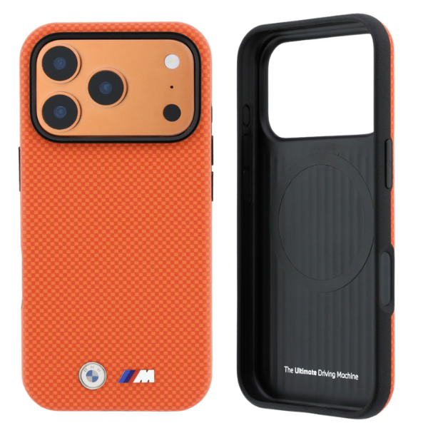 Dėklas BMW M Quadrille Kevlar Metal Logo MagSafe skirtas iPhone 18 Pro Max oranžinis aprašymas - Prekės nuotrauka