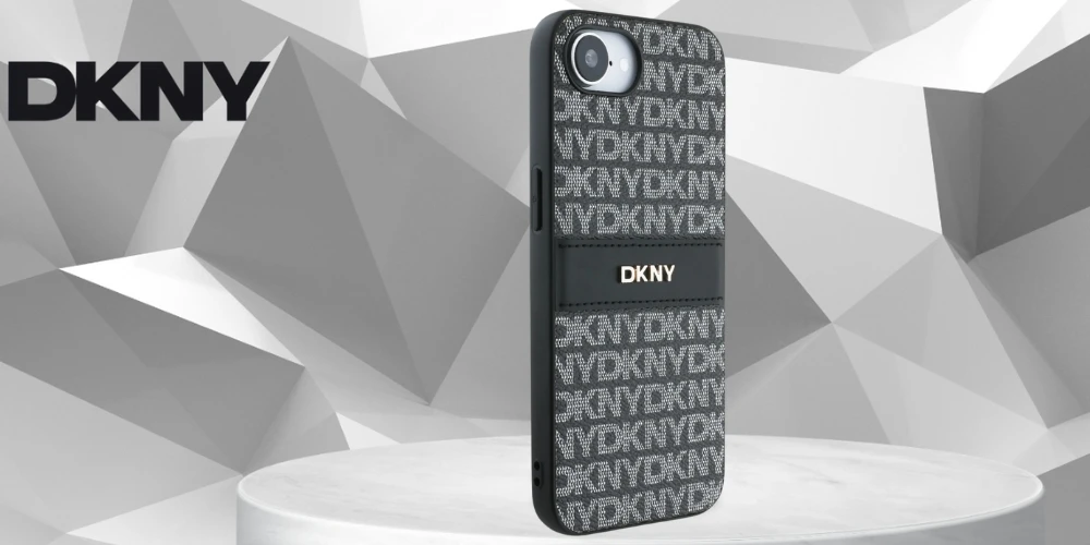 Dėklas DKNY Repeat Texture Pattern with Tonal Stripe for Apple iPhone 16e juodos spalvos aprašymas - Prekės nuotrauka