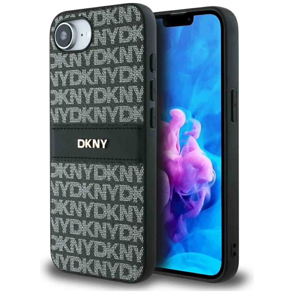 Dėklas DKNY Repeat Texture Pattern with Tonal Stripe for Apple iPhone 16e juodos spalvos aprašymas - Prekės nuotrauka