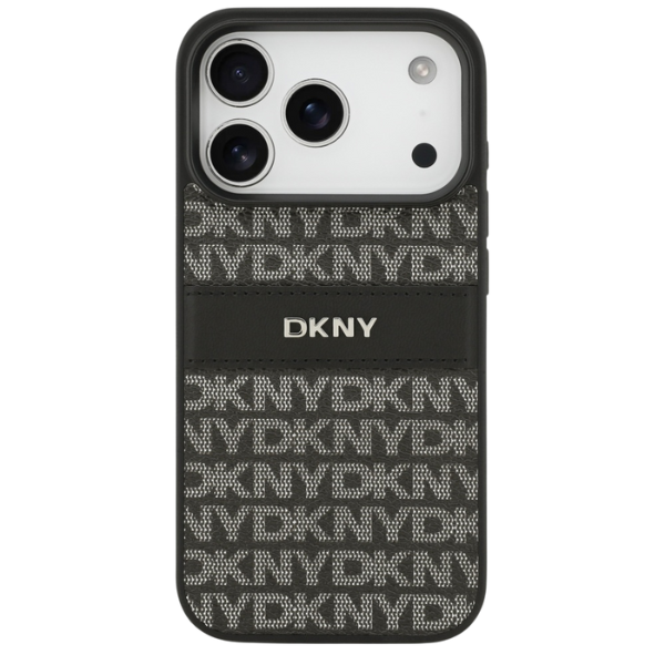 Dėklas DKNY Repeat Texture Pattern with Tonal Stripe skirtas Apple iPhone 17 Pro Max juodos spalvos aprašymas - Prekės nuotrauka