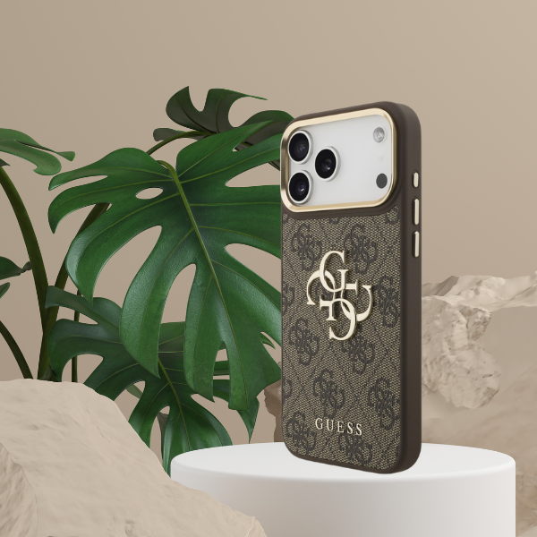 Dėklas Guess 4G Big 4G Classic Logo Big su dirželiu ir metalinėmis sagomis, skirtas iPhone 18 Pro / 17 Pro, rudas aprašymas - Prekės nuotrauka