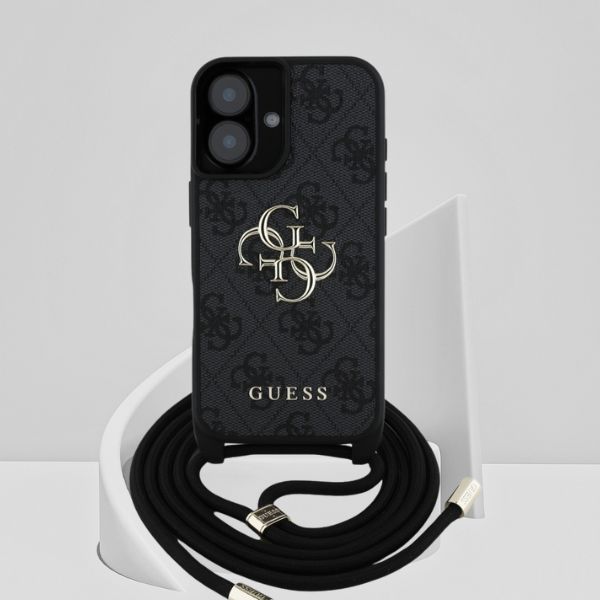 Dėklas Guess 4G Big Logo Cord Strap Crossbody iPhone 16 Plus juodos spalvos aprašymas - Prekės nuotrauka