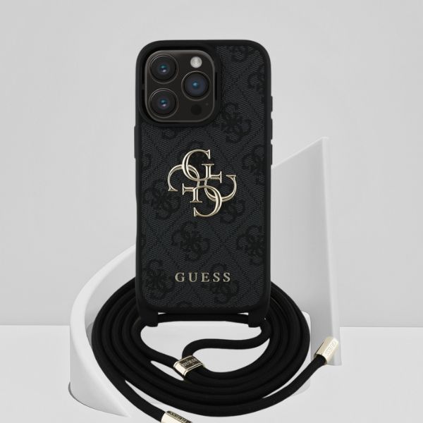 Dėklas Guess 4G Big Logo Cord Strap Crossbody iPhone 16 Pro juodos spalvos aprašymas - Prekės nuotrauka