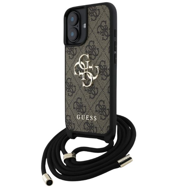 Dėklas Guess 4G Big Logo Cord Strap Crossbody iPhone 16 Plus rudos spalvos aprašymas - Prekės nuotrauka