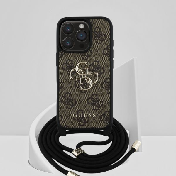 Dėklas Guess 4G Big Logo Cord Strap Crossbody iPhone 16 Pro Max rudos spalvos aprašymas - Prekės nuotrauka