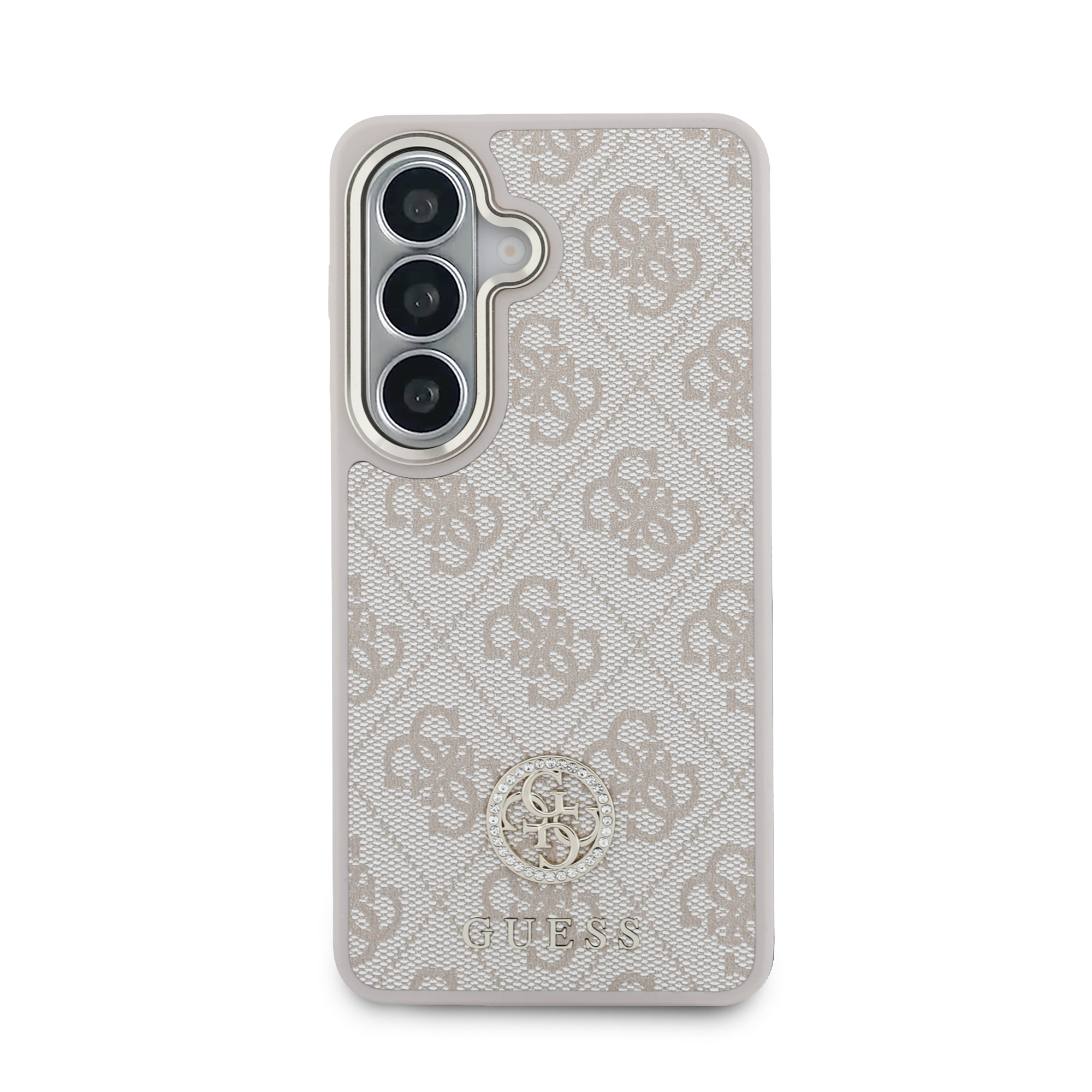Dėklas Guess 4G Big Rhinestone Triangle Strap MagSafe for Samsung Galaxy S26 rožinės spalvos aprašymas - Prekės nuotrauka