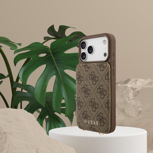 Dėklas Guess 4G Cardslots & Magnetic Closure Crossbody, skirtas iPhone 18 Pro / 17 Pro, rudas aprašymas - Prekės nuotrauka