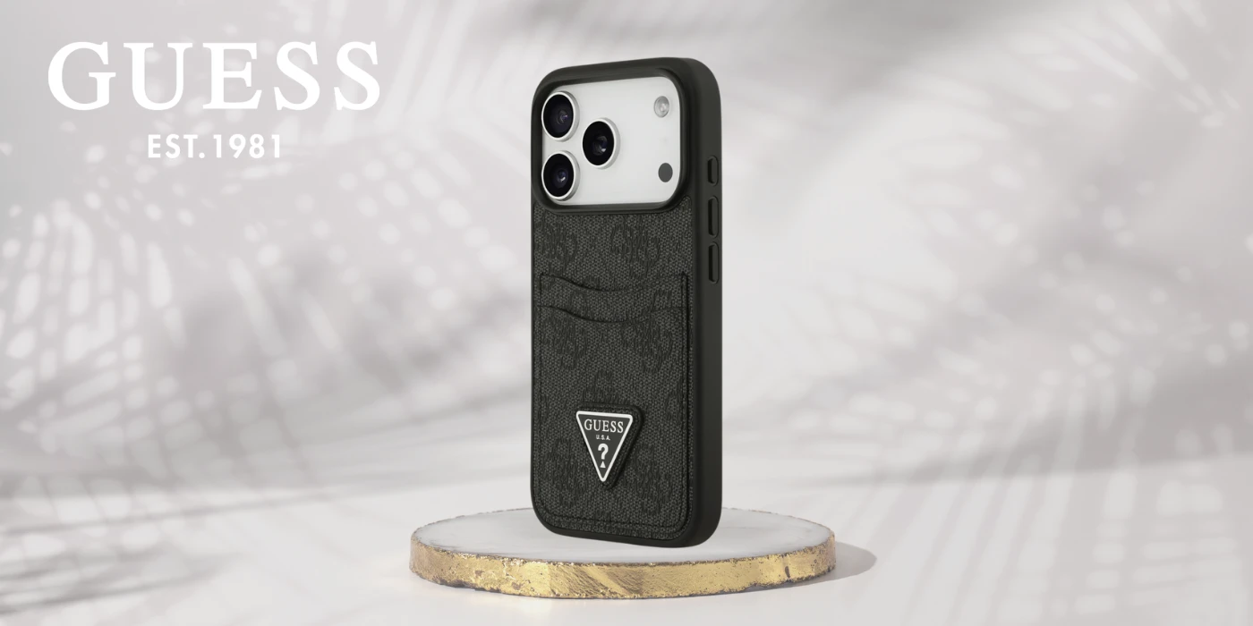 Dėklas Guess 4G Double Card Triangle skirtas Apple iPhone 17 Pro juodos spalvos aprašymas - Prekės nuotrauka