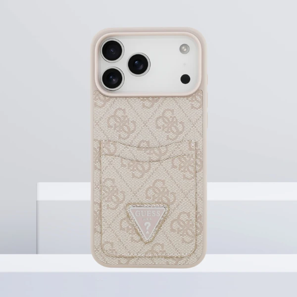 Dėklas Guess 4G Double Card Triangle skirtas Apple iPhone 17 Pro Max rožinės spalvos aprašymas - Prekės nuotrauka