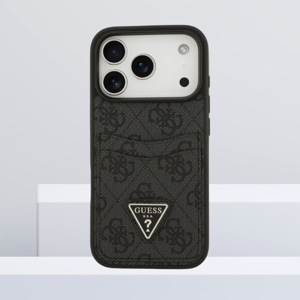 Dėklas Guess 4G Double Card Triangle, skirtas iPhone 18 Pro / 17 Pro, juodas aprašymas - Prekės nuotrauka